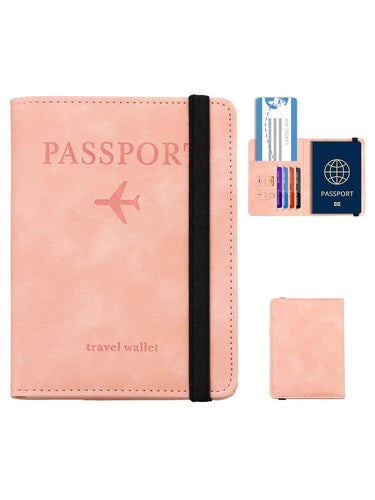 Pink leather RFID-blocking passport holder travel wallet with card slots and elastic band.
