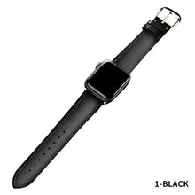 Charger l&#39;image dans la galerie, Black leather band for Apple Watch with gold buckle, compatible with series 1-5, sizes 38mm to 44mm, displayed on white background.
