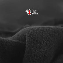 Cargar imagen en el visor de la galería, Close-up of black waterproof winter gloves fabric, emphasizing softness and warmth, featuring a thermometer icon with text &quot;soft warm.&quot;
