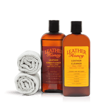Load image into Gallery viewer, Leather Care Kit with conditioner, cleaner, and cloths for cleaning and conditioning leather goods.
