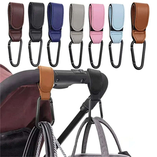 PU Leather Baby Stroller Hooks in various colors attached to stroller, holding a bag, showcasing 360-degree rotatable convenience.