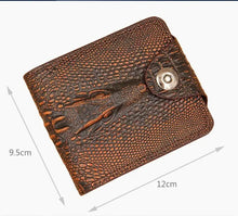 Load image into Gallery viewer, Vintage-style crocodile pattern men&#39;s leather wallet, compact size 9.5cm by 12cm, genuine leather with snap fastener, ideal for daily use.
