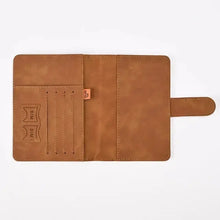 Load image into Gallery viewer, Brown PU leather passport and card holder with slots, vegan and imported, keeps travel essentials organized and secure.
