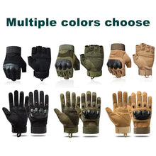 Load image into Gallery viewer, Variety of tactical military gloves in multiple colors for outdoor use, showcasing durability and functionality.
