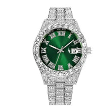 Cargar imagen en el visor de la galería, Diamond Roman wrist watch with green face, diamond-encrusted bezel, and stainless steel strap, epitome of luxury and style.

