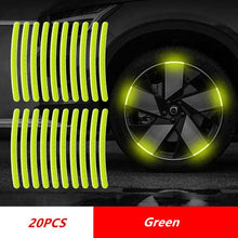 Load image into Gallery viewer, Green reflective car wheel hub stripes for enhanced visibility and safety, shown on a vehicle wheel. Pack of 20 pieces.
