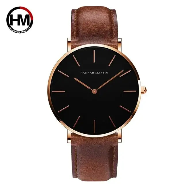 Rose gold dial leather watch with black minimalistic face and brown genuine leather strap, perfect for both casual and formal wear.
