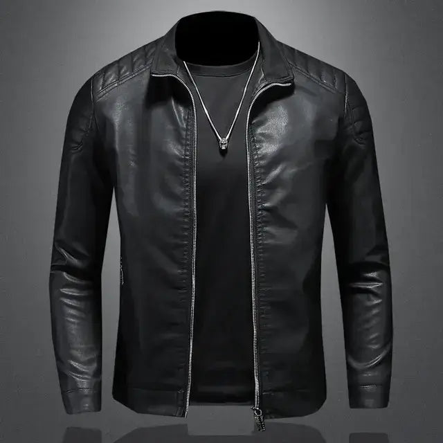 Men's vegan leather motorcycle jacket in black, featuring stylish design and weather-resistant protection.