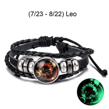 Load image into Gallery viewer, Leo zodiac sign leather bracelet with date range 7/23 - 8/22, featuring a luminous constellation charm, ideal for personalized style.

