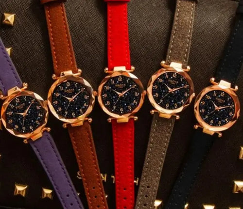 Collection of Premium Leather Star Sky Watches with celestial dials and vegan leather straps in various colors.