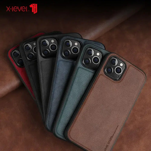 Luxury hybrid leather iPhone cases in multiple colors providing elegance and durability, featuring premium PU leather and TPU protection.