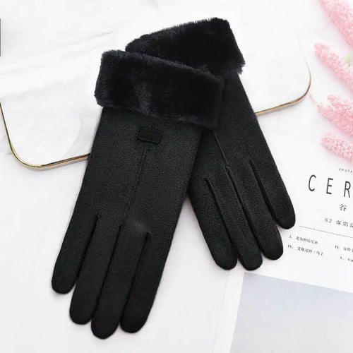Winter thick plush gloves in black, providing warm and cozy insulation for cold weather.