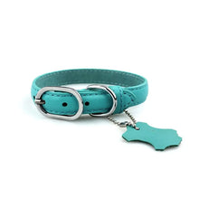 Cargar imagen en el visor de la galería, Turquoise genuine leather dog collar with metal buckle, customizable for pet&#39;s name, offering luxury and durability.
