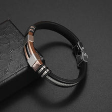 Cargar imagen en el visor de la galería, Classic Hand Woven Multi-Layered Vegan Leather Bracelet in Sleek Black, Men&#39;s Fashion Accessory on Textured Background

