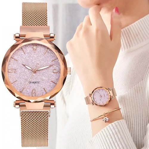 Rose Gold Women's Watch with a sleek design featured on a wrist, showcasing elegance suitable for both casual and formal occasions.
