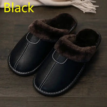 Load image into Gallery viewer, Men&#39;s black vegan leather slippers with warm lining, durable sole, stylish and comfortable indoor footwear.
