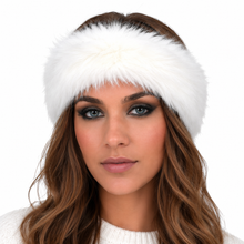 Charger l'image dans la galerie, A close-up of a woman wearing a fluffy white faux-fur headband against a plain white background.
