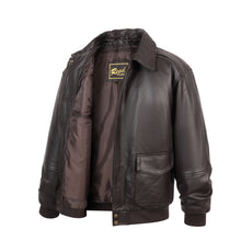 Charger l'image dans la galerie, A dark brown leather aviator jacket with a satin brown lining, featuring a zippered front, collar, and flap pockets, shown on a plain white background.
