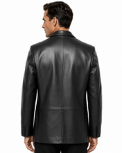 Charger l'image dans la galerie, A man viewed from the back wearing a black leather blazer, set against a plain white background.
