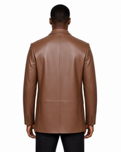 Charger l'image dans la galerie, A man viewed from the back wearing a smooth brown leather blazer over black trousers, set against a plain white background.
