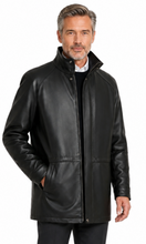 Cargar imagen en el visor de la galería, A man wearing a black leather jacket, black trousers, and black dress shoes, standing against a plain white background.
