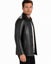 Charger l'image dans la galerie, A man wearing a black leather jacket over a white shirt, shown in a side profile against a plain white background.
