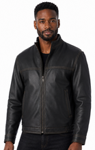 Cargar imagen en el visor de la galería, A man wearing a black leather jacket with a front zipper, zippered chest pocket, and ribbed hem, paired with black jeans, against a plain white background.

