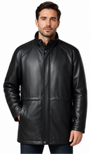 Cargar imagen en el visor de la galería, A man wearing a black leather jacket with a stand-up collar and front zipper, photographed against a plain white background.
