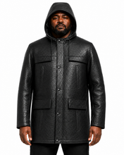 Charger l'image dans la galerie, A man wearing a black textured leather hooded jacket with snap-button front and flap pockets, photographed against a plain white background.
