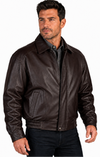 Load image into Gallery viewer, A man wearing a dark brown leather jacket over a dark shirt and black jeans, photographed against a plain white studio background.
