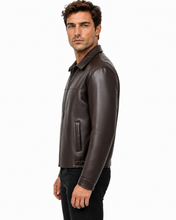 Charger l'image dans la galerie, A man wearing a dark brown leather jacket, shown in a side profile against a plain white background.
