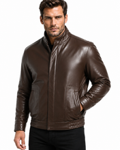 Load image into Gallery viewer, A man wearing a dark brown leather jacket with a stand-up collar, front zipper, and two large front patch pockets, photographed against a plain white background.

