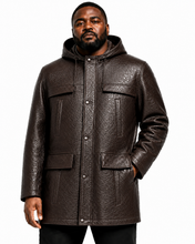 Charger l'image dans la galerie, A man wearing a dark brown textured faux-leather hooded jacket with snap-button front and flap pockets, photographed against a plain white background.
