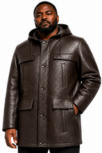 Charger l'image dans la galerie, A man wearing a dark brown textured faux-leather hooded jacket with snap buttons and front flap pockets, photographed against a plain white background.
