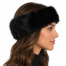 Charger l'image dans la galerie, A woman in profile wearing a wide, plush black faux fur headband against a solid white background.
