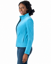 Cargar imagen en el visor de la galería, A woman wearing a bright turquoise blue zip-up suede jacket and dark blue jeans, shown in profile against a plain white background.
