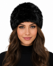 Charger l'image dans la galerie, A woman with long brown hair wearing a black faux fur hat, photographed against a plain white background.
