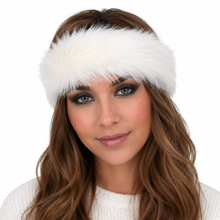 Charger l'image dans la galerie, A woman with long brown hair wearing a fluffy white faux-fur headband, shown against a plain white background.
