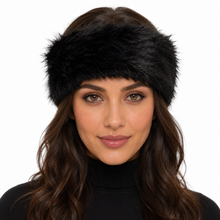Charger l'image dans la galerie, A woman with long brown hair wearing a thick black faux fur headband and a black turtleneck sweater, shown against a plain white background.
