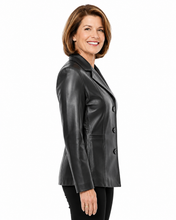 Charger l'image dans la galerie, A woman with short brown hair is shown in profile wearing a black leather blazer with a double-breasted button closure, set against a plain white background.
