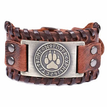 Cargar imagen en el visor de la galería, Bear Paw handmade braided genuine leather strap with runic symbols and paw design, blending rugged charm with elegance.
