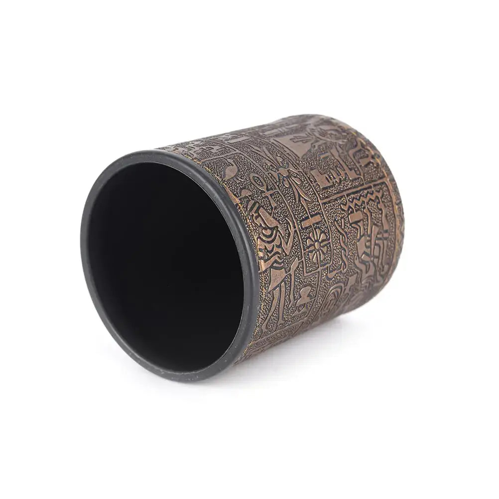 Egyptian pattern brown leather rune dice cup, intricately designed with ancient motifs, perfect for gaming and divination.