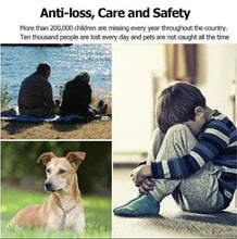 Load image into Gallery viewer, Collage depicting anti-loss, care, and safety theme with images of adults by water, a sitting child, and a solitary dog outdoors.
