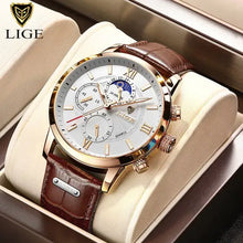 Load image into Gallery viewer, Luxury LIGE men&#39;s watch with vegan leather strap and chronograph function displayed in elegant gift box, brand new and authentic.
