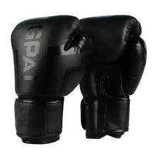 Load image into Gallery viewer, Premium black boxing gloves offering durability, comfort, and support for enhanced performance in training and sparring sessions.
