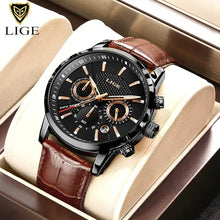 Load image into Gallery viewer, LIGE luxury men&#39;s watch with brown vegan leather strap, black dial, chronograph sub-dials in original box with warranty.
