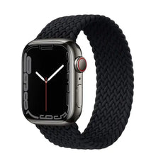 Load image into Gallery viewer, Black nylon stretchable band for Apple Watch Series 7, compatible with size 38mm to 45mm, featuring a sleek design.

