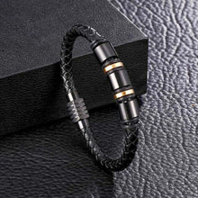 Cargar imagen en el visor de la galería, Classic hand woven multi-layered vegan leather bracelet for men, featuring sleek black design, perfect for stylish, sophisticated looks.
