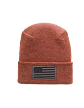 Load image into Gallery viewer, American Flag Beanie - H-Stitch Circular Knit Cuffed Beanie - Patented Design and Made in USA, showcasing quality craftsmanship in orange hue.
