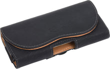 Load image into Gallery viewer, Black leather belt holster with tan contrast stitching and a tan buckle insert, shown on a white background.
